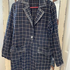 Long Gimmicks studded coat. Purple plaid with a front button. Size Small.